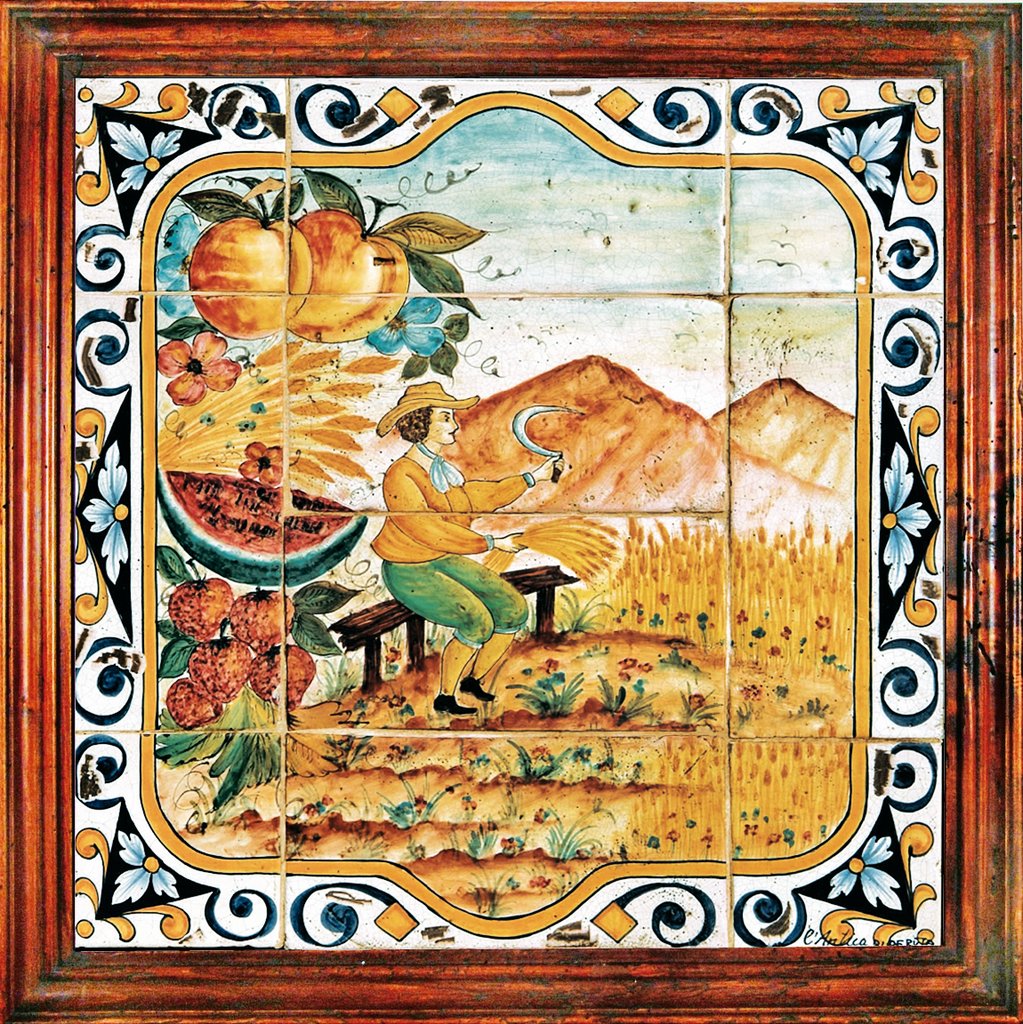 ANTICA DERUTA: Hand Painted Framed Ceramic Tiles Panel - Season SUMMER - tops-selection.shop