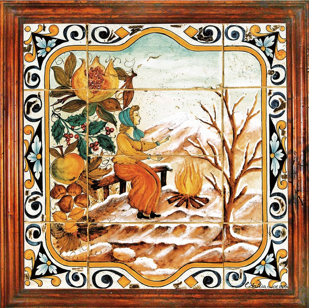 ANTICA DERUTA: Hand Painted Framed Ceramic Tiles Panel - Season WINTER - tops-selection.shop