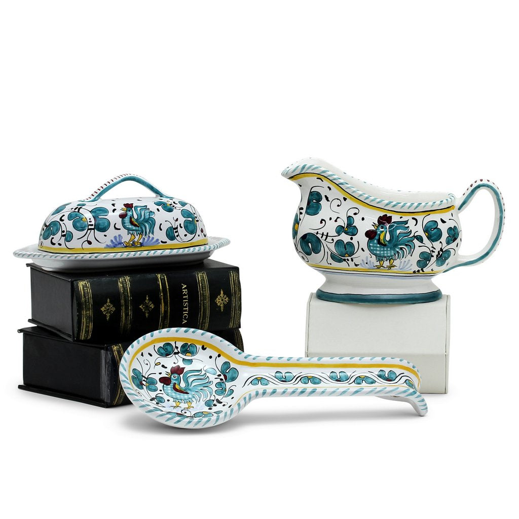 ORVIETO GREEN ROOSTER: Bundle with Butter Dish + Sauce Boat + Spoon Rest - tops-selection.shop