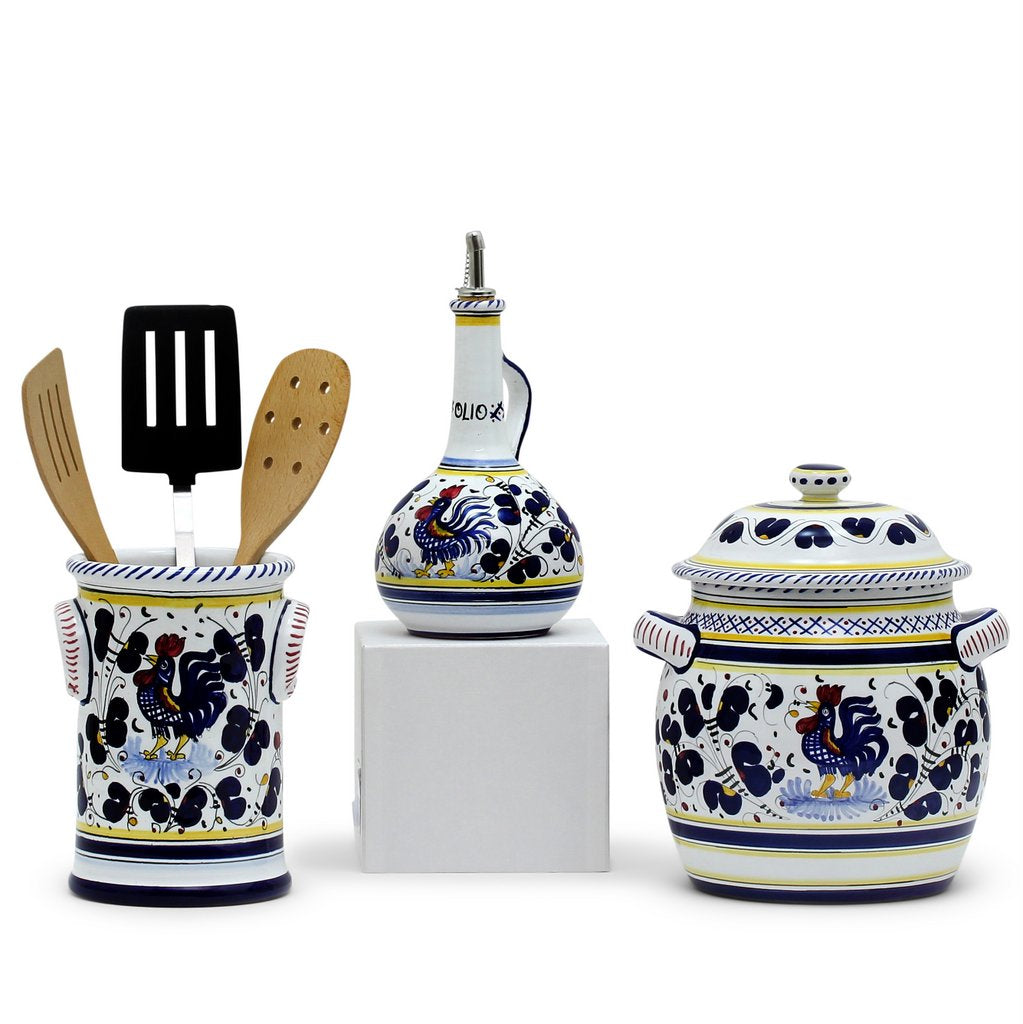 ORVIETO BLUE ROOSTER: Bundle with Utensil Holder + Olive Oil Dispenser + Biscotti Jar - tops-selection.shop