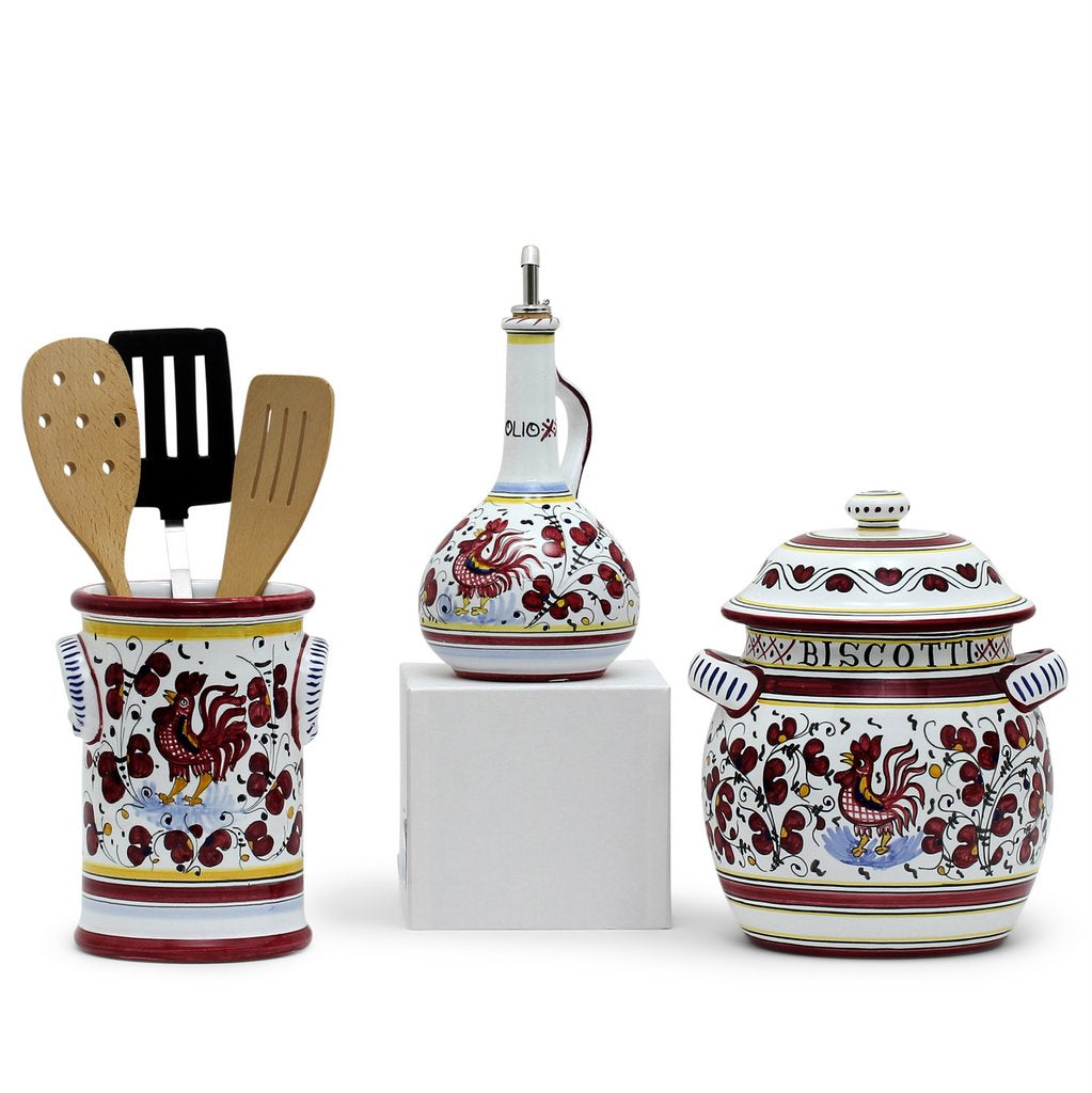 ORVIETO RED ROOSTER: Bundle with Utensil Holder + Olive Oil Dispenser + Biscotti Jar - tops-selection.shop