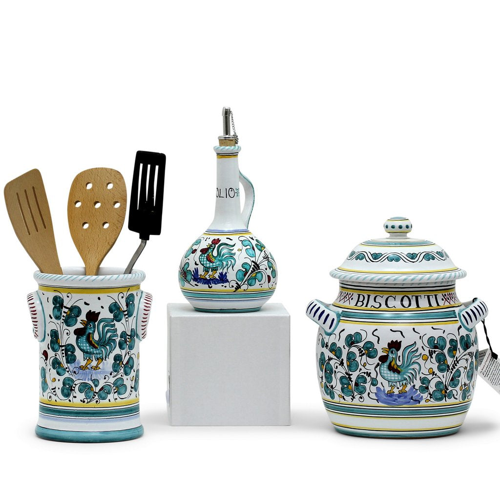 ORVIETO GREEN ROOSTER: Bundle with Utensil Holder + Olive Oil Dispenser + Biscotti Jar - tops-selection.shop