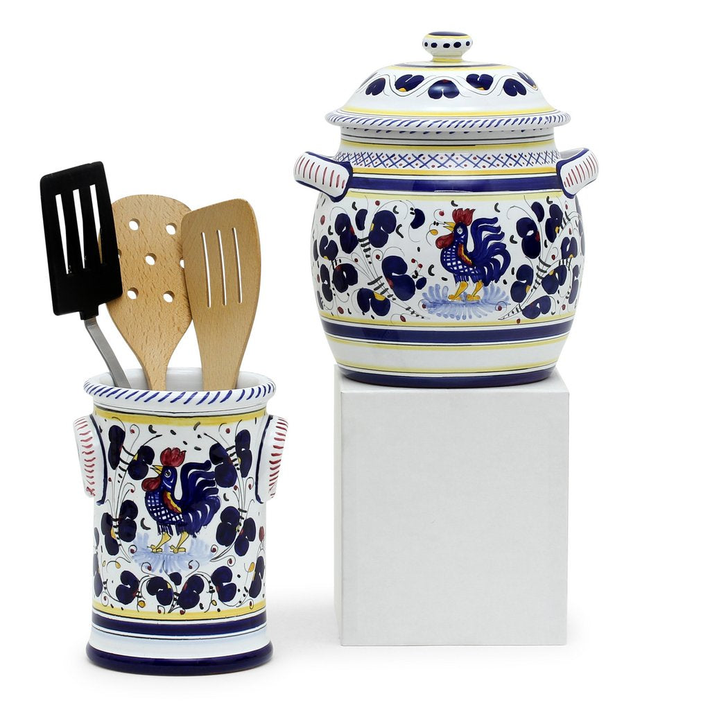 ORVIETO BLUE ROOSTER: Bundle with Utensil Holder + Biscotti Jar - tops-selection.shop
