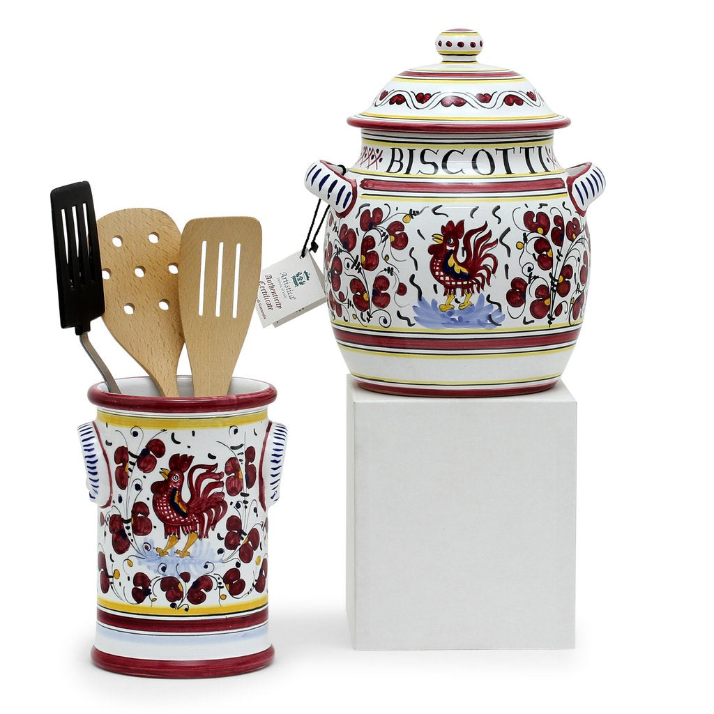 ORVIETO RED ROOSTER: Bundle with Utensil Holder + Biscotti Jar - tops-selection.shop