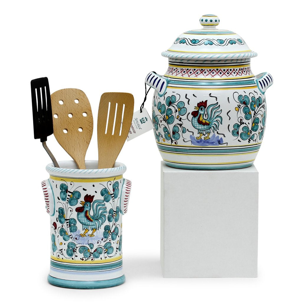ORVIETO GREEN ROOSTER: Bundle with Utensil Holder + Biscotti Jar - tops-selection.shop