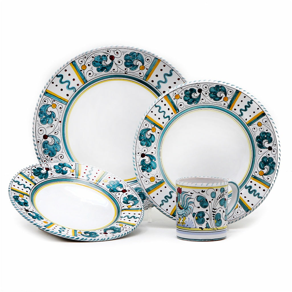 ORVIETO GREEN ROOSTER: 4 Pieces Place Setting - White center - tops-selection.shop