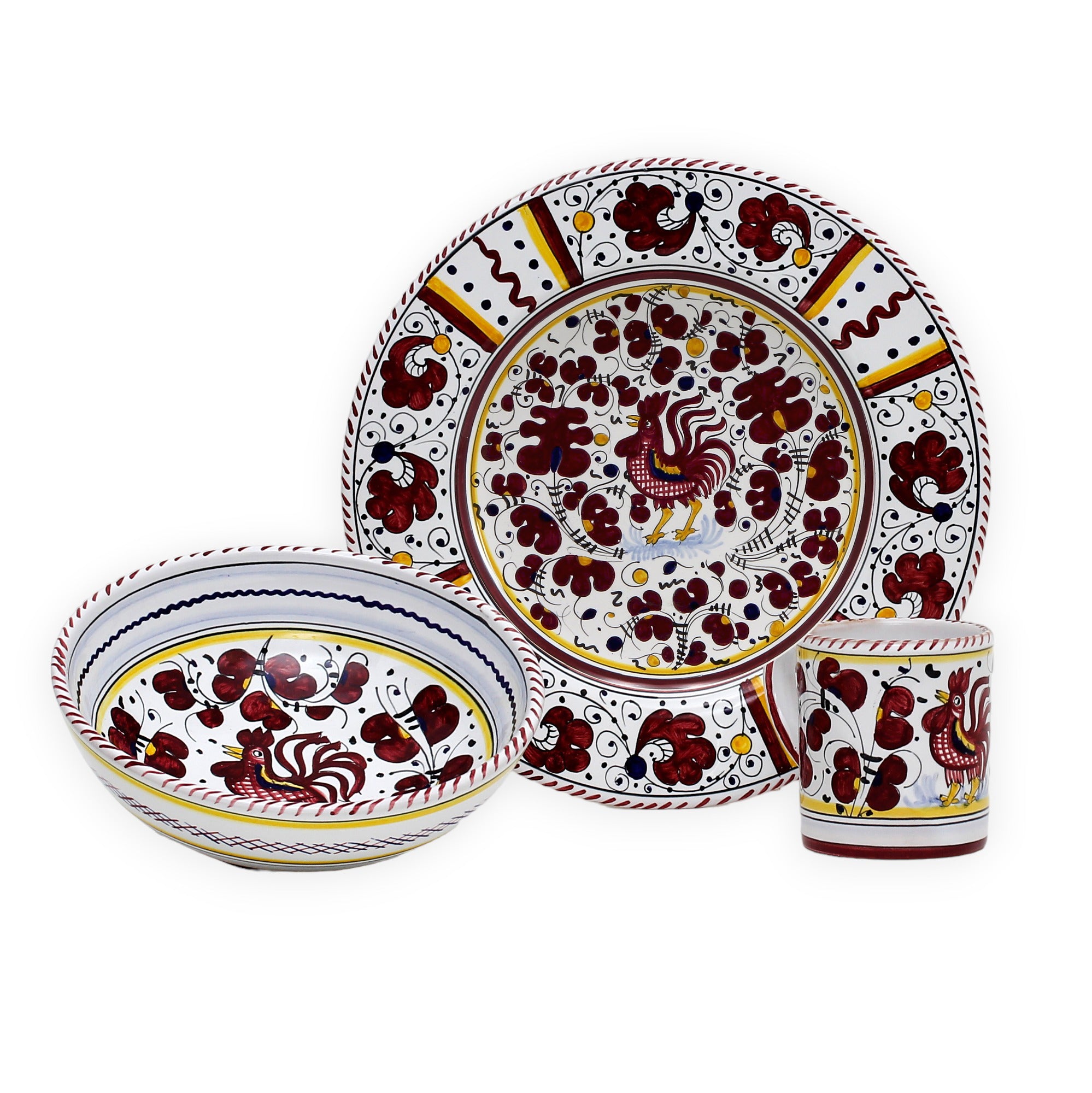 ORVIETO RED ROOSTER: Pre Pack Dinner Plate + Coupe Bowl + Mug - tops-selection.shop