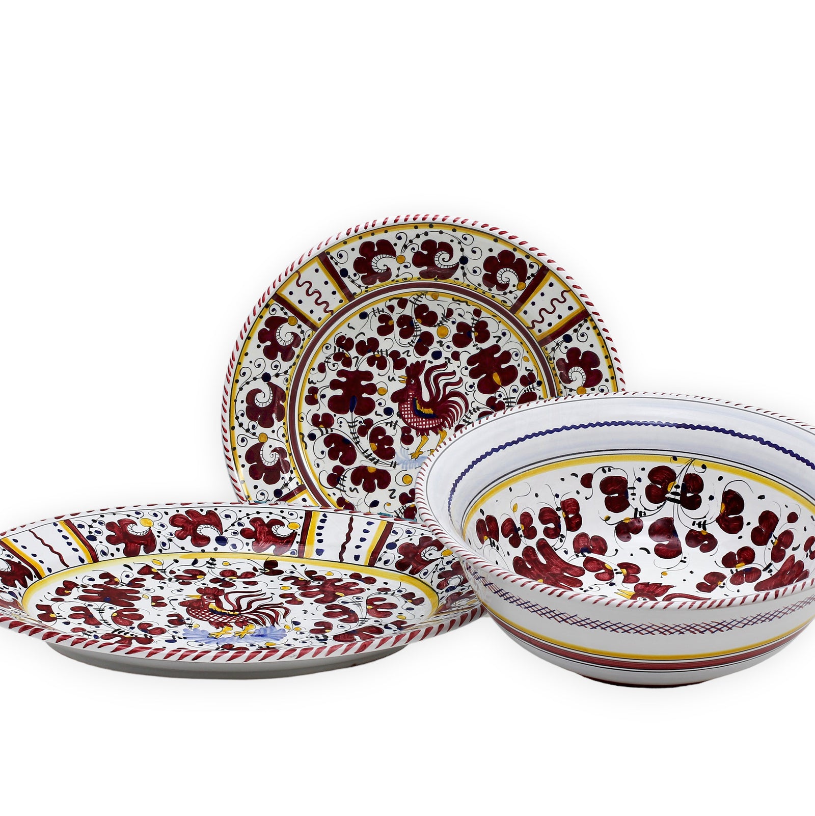 ORVIETO RED ROOSTER: Serving Set Charger + Salad Pasta Bowl + Oval Platter - tops-selection.shop