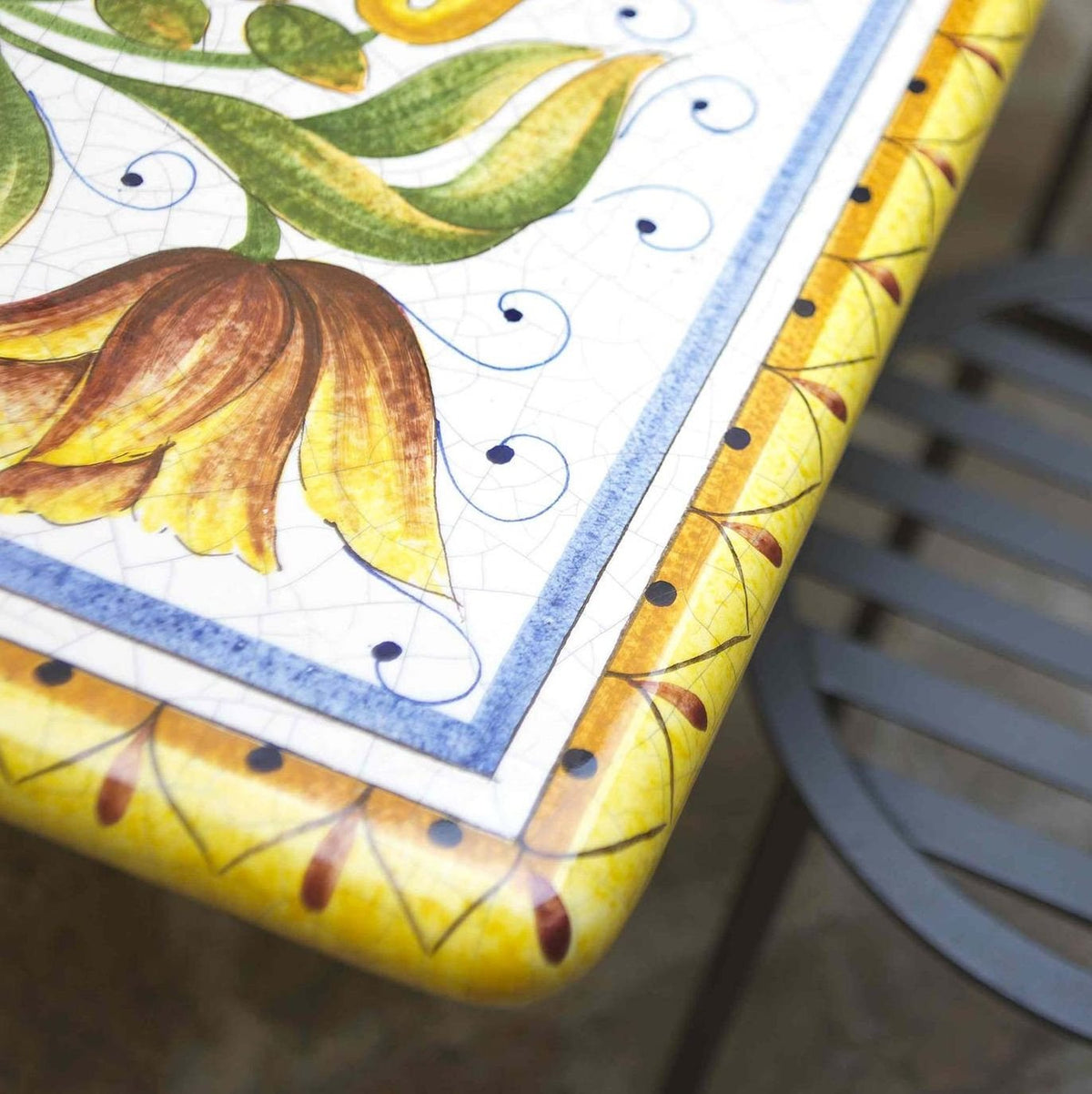 CERAMIC STONE TABLE + IRON BASE: PISA Design^ - Hand Painted in Deruta, Italy. - tops-selection.shop