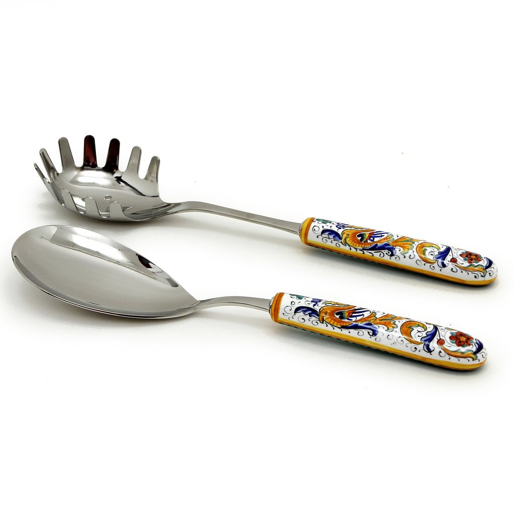 RAFFAELLESCO DELUXE: Ceramic Handle Spaghetti Tong and Risotto Spoon Ladle SET with 18/10 stainless steel cutlery. - tops-selection.shop