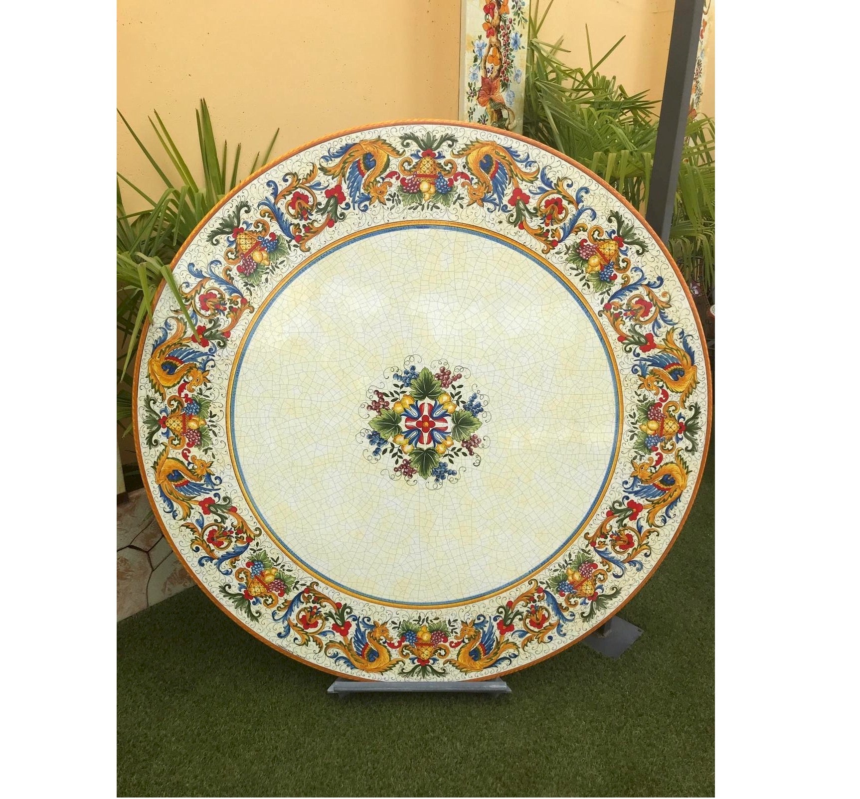 CERAMIC STONE TABLE + IRON BASE: RAFFAELLESCO DELUXE Design^ - Hand Painted in Deruta, Italy. - tops-selection.shop