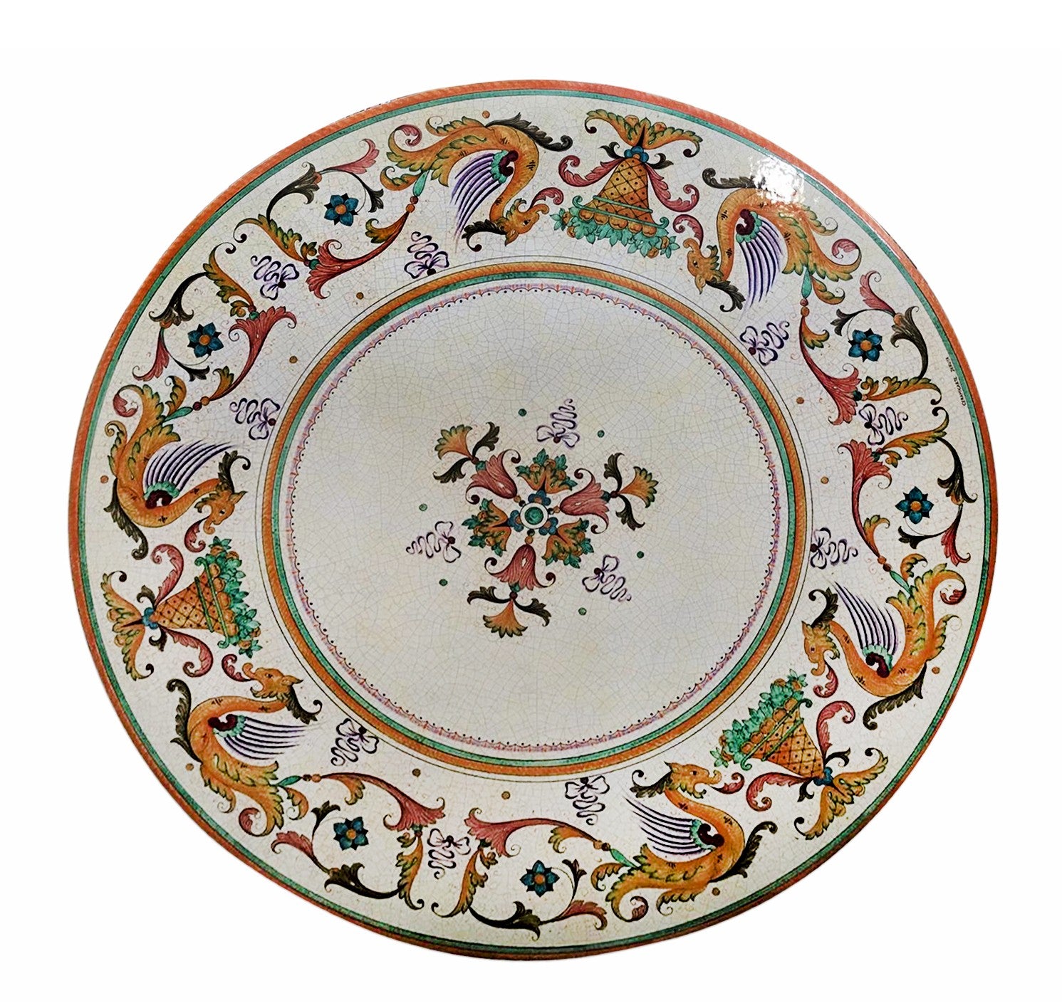 CERAMIC STONE TABLE + IRON BASE: RAFFAELLESCO Design^ - Hand Painted in Deruta, Italy. - tops-selection.shop