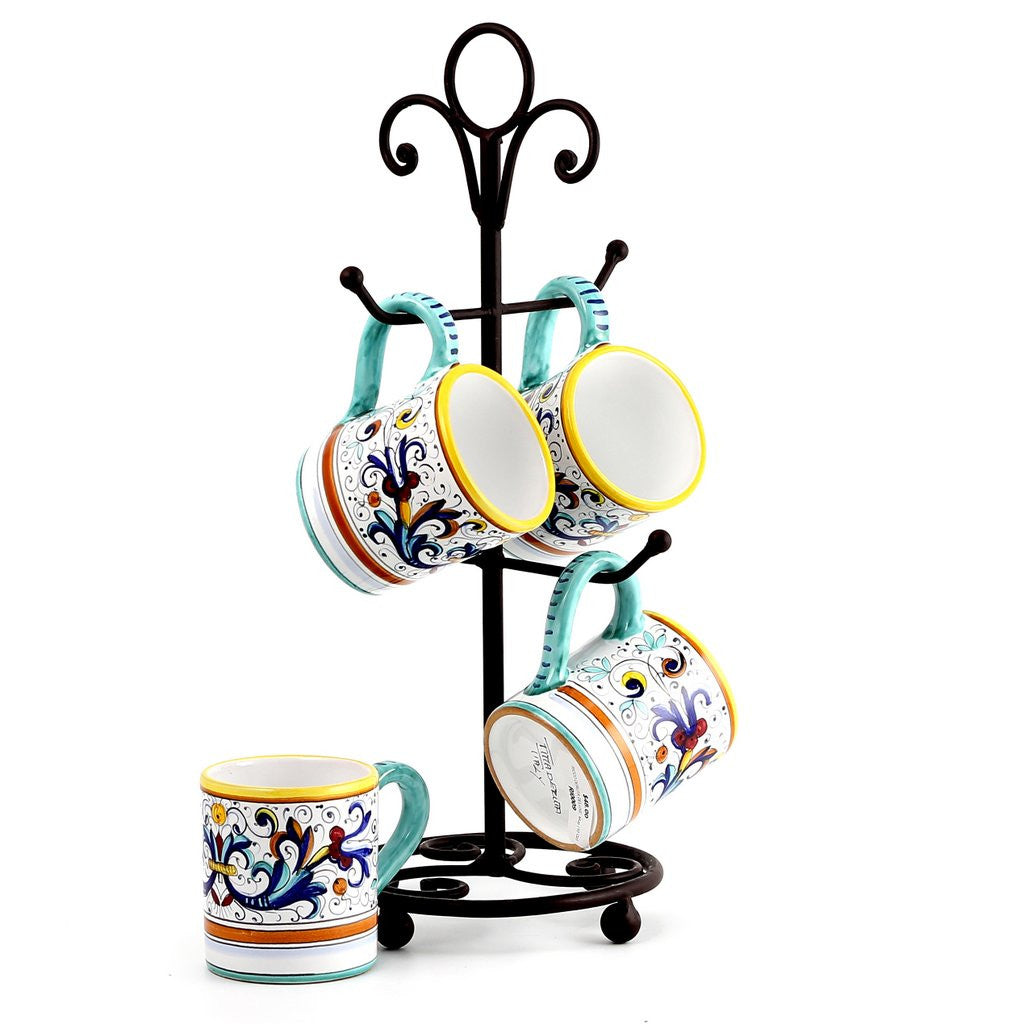DERUTA MUGS SET: 4 Mugs as shown and wrought iron four arms mug stand tree (RI0009x4.55464-TRI) - tops-selection.shop
