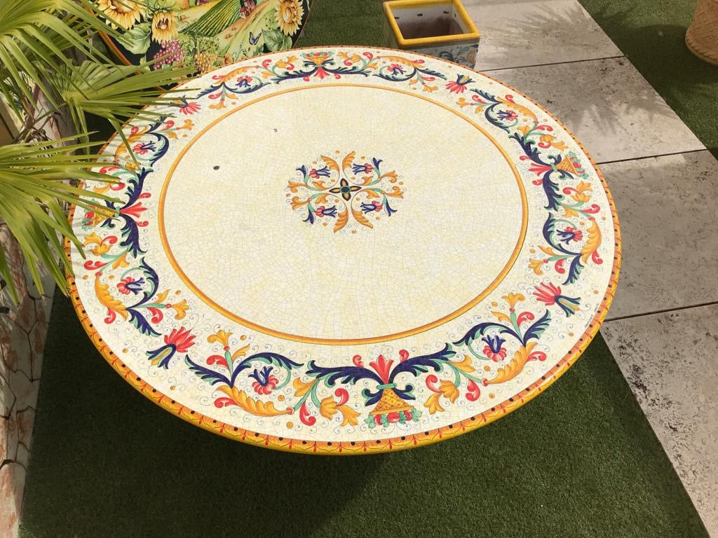 CERAMIC STONE TABLE + IRON BASE: RICCO DERUTA Design^ - Hand Painted in Deruta, Italy. - tops-selection.shop