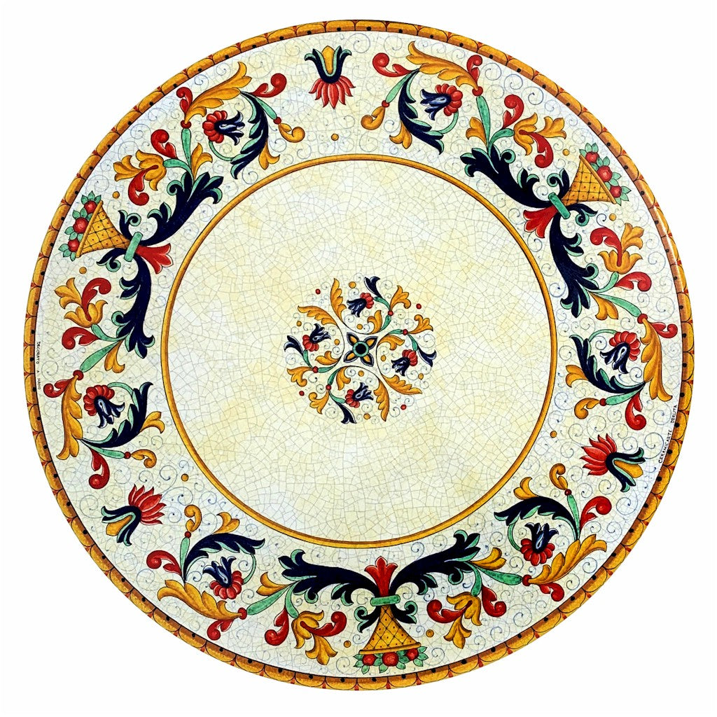 CERAMIC STONE TABLE + IRON BASE: RICCO DERUTA Design^ - Hand Painted in Deruta, Italy. - tops-selection.shop