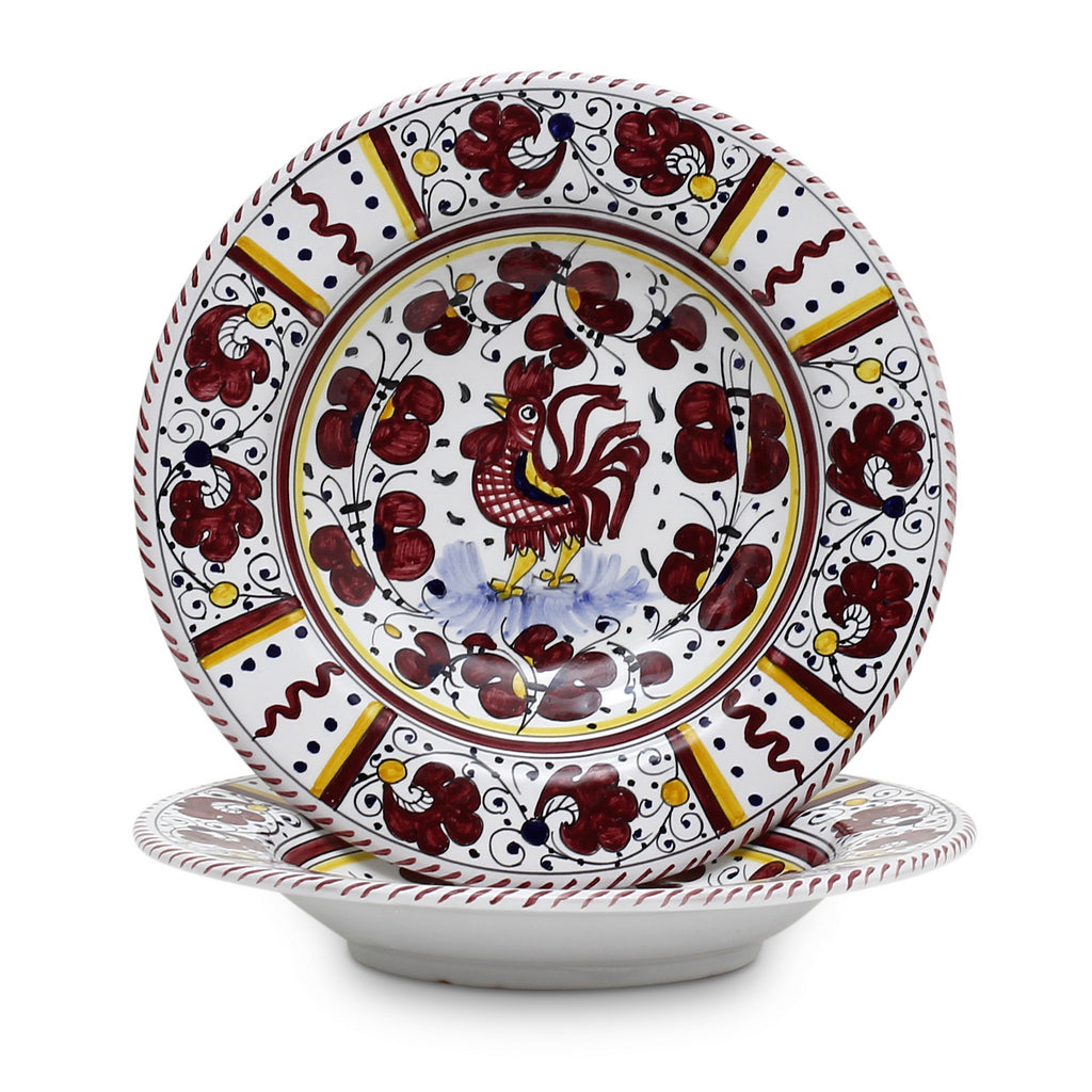 ORVIETO RED ROOSTER: Rim Pasta Soup Bowl [STRIPED RIM] - tops-selection.shop