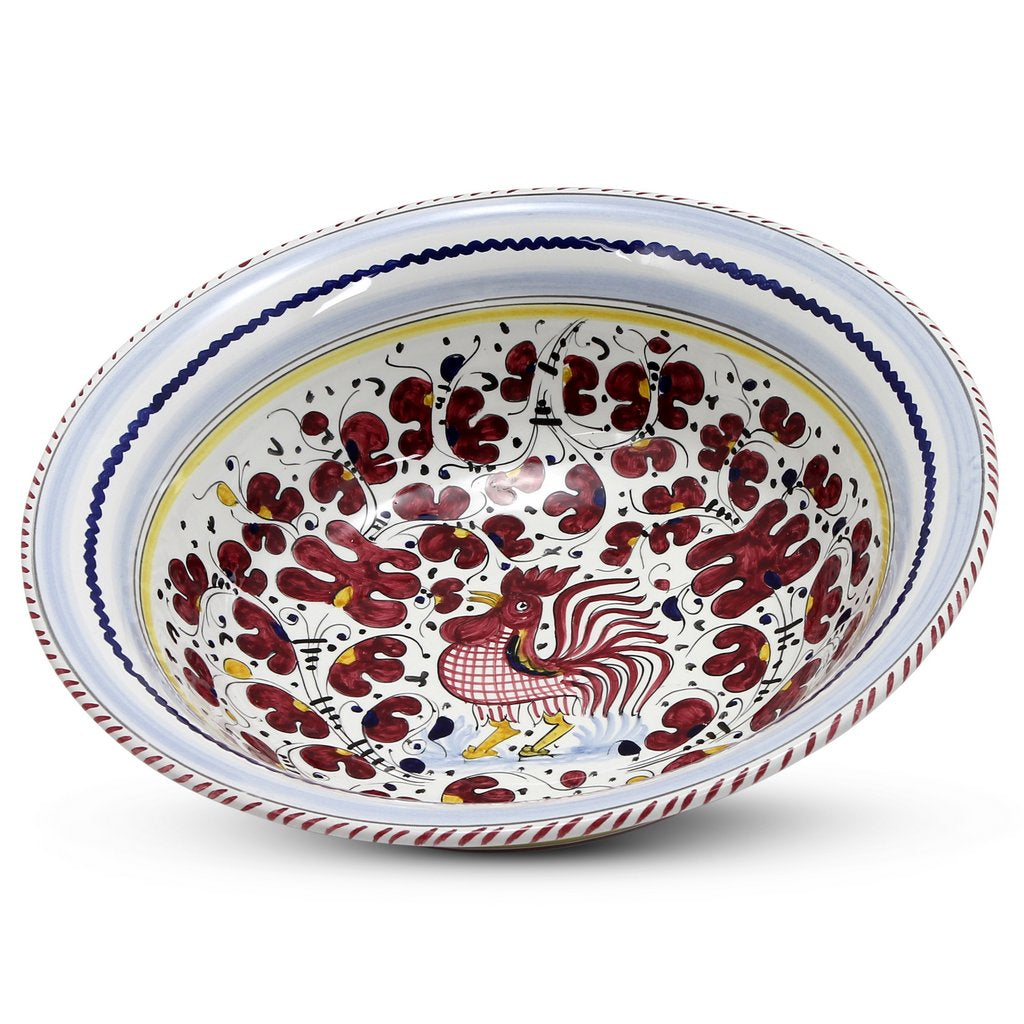ORVIETO RED ROOSTER: Large Pasta/Salad Serving Bowl [STRIPED RIM] - tops-selection.shop