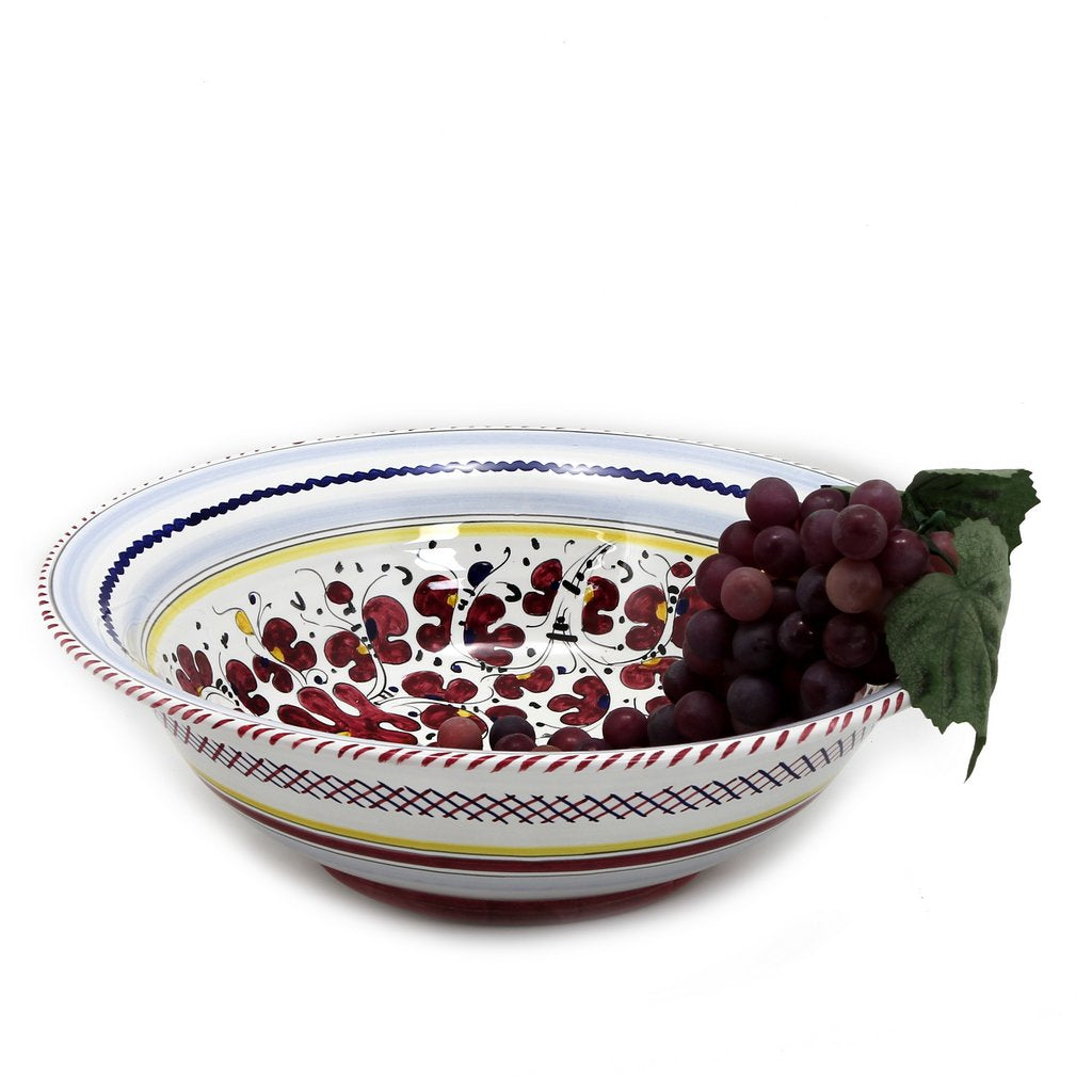 ORVIETO RED ROOSTER: Large Pasta/Salad Serving Bowl [STRIPED RIM] - tops-selection.shop