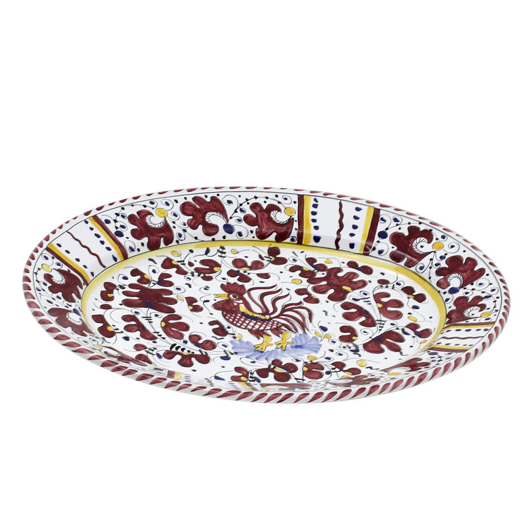 ORVIETO RED ROOSTER: Large Oval Platter [STRIPED RIM] - tops-selection.shop