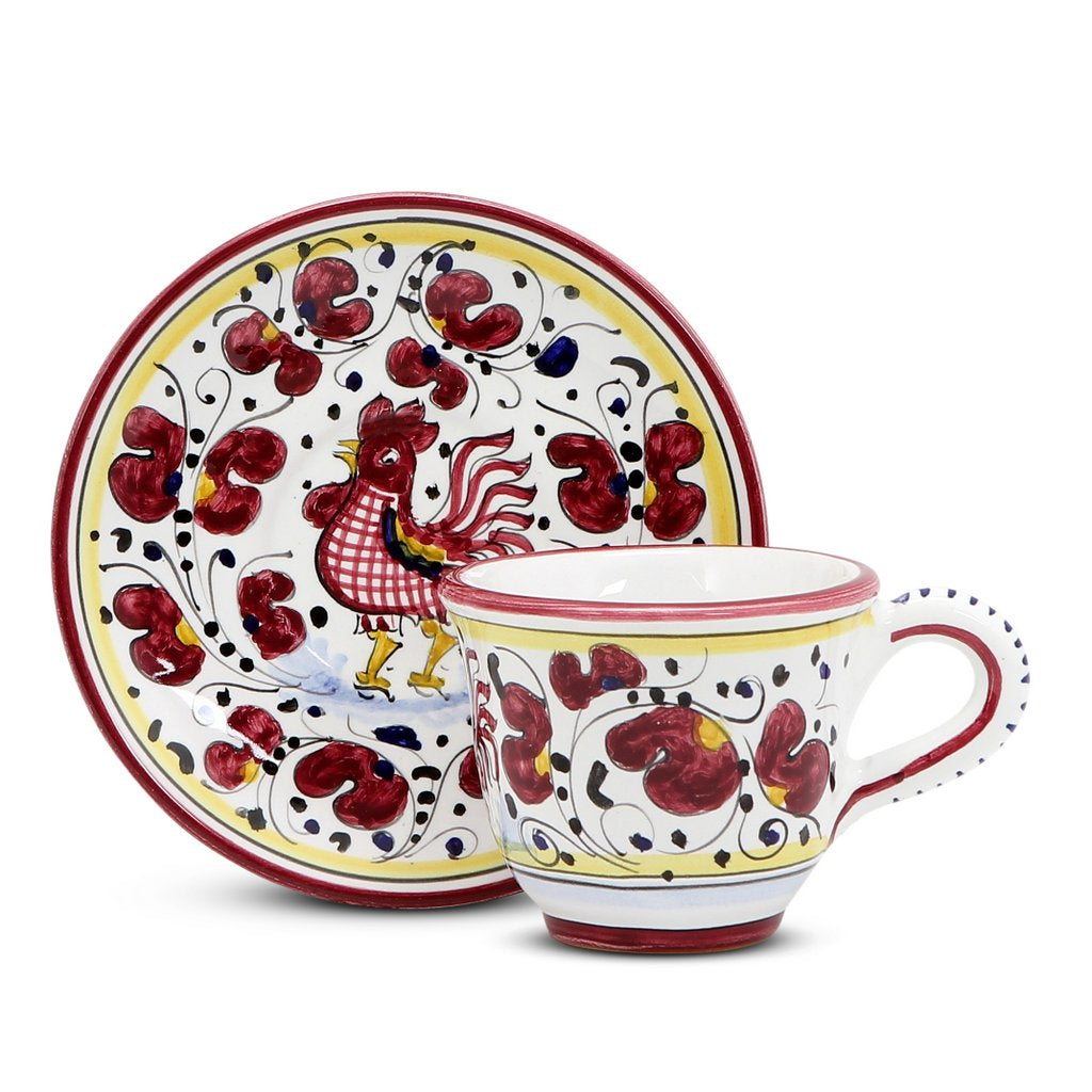 GIFT BOX: DeLuxe Glossy Red Gift Box with two Deruta Espresso Cup and Saucer and a Spoon Rest - tops-selection.shop