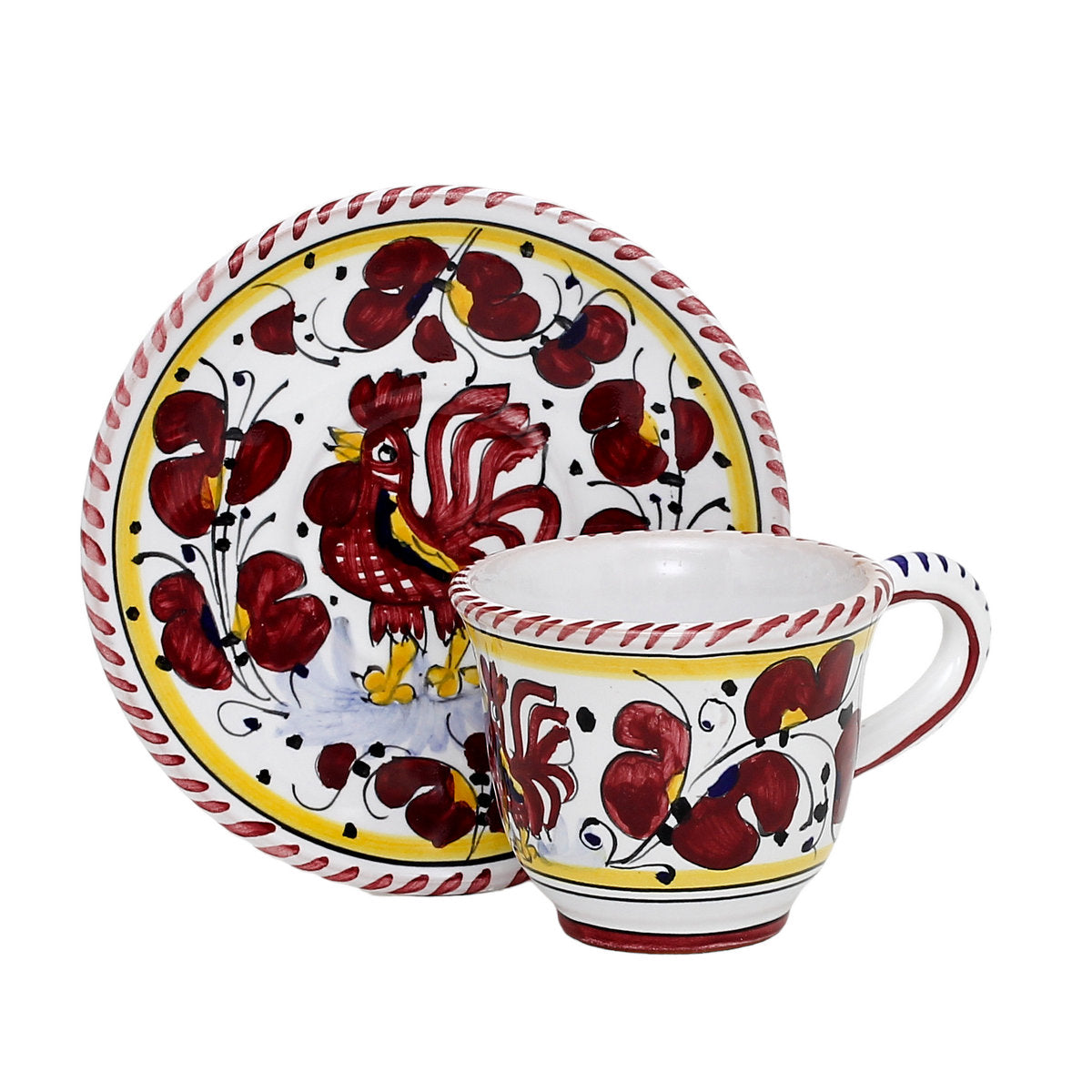 ORVIETO RED ROOSTER: Espresso cup and Saucer [STRIPED RIM] - tops-selection.shop