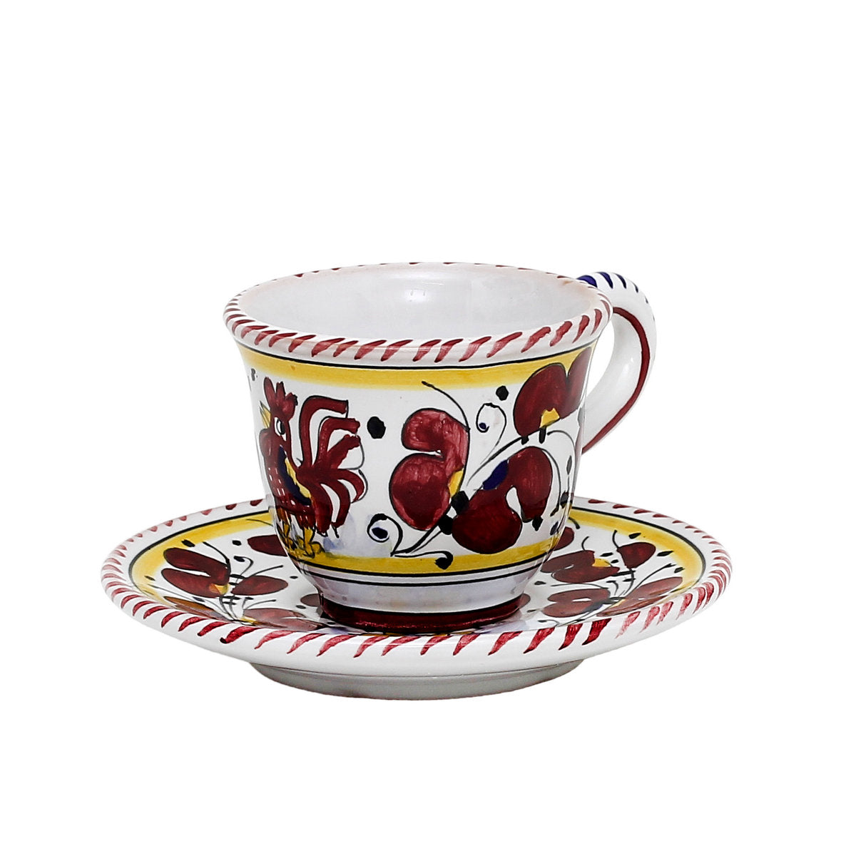 ORVIETO RED ROOSTER: Espresso cup and Saucer [STRIPED RIM] - tops-selection.shop