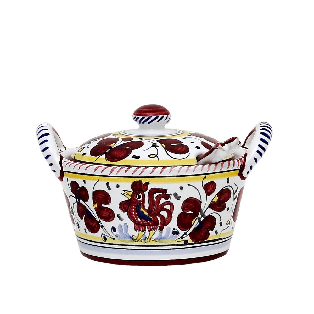 ORVIETO RED ROOSTER: Covered Parmesan Cheese Bowl with Spoon [STRIPED RIM] - tops-selection.shop
