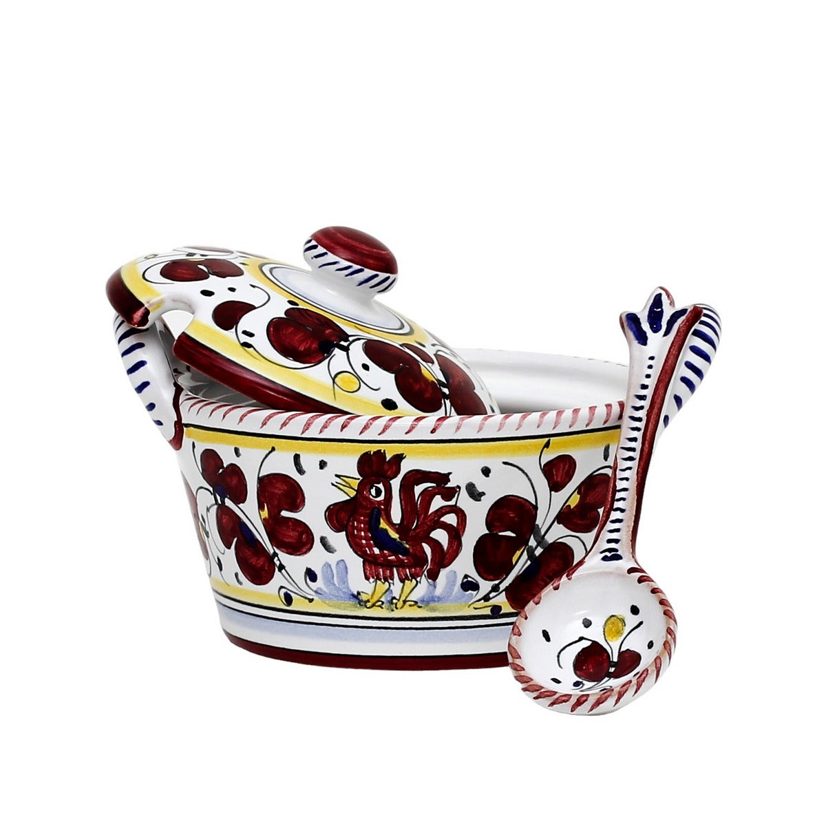 ORVIETO RED ROOSTER: Covered Parmesan Cheese Bowl with Spoon [STRIPED RIM] - tops-selection.shop