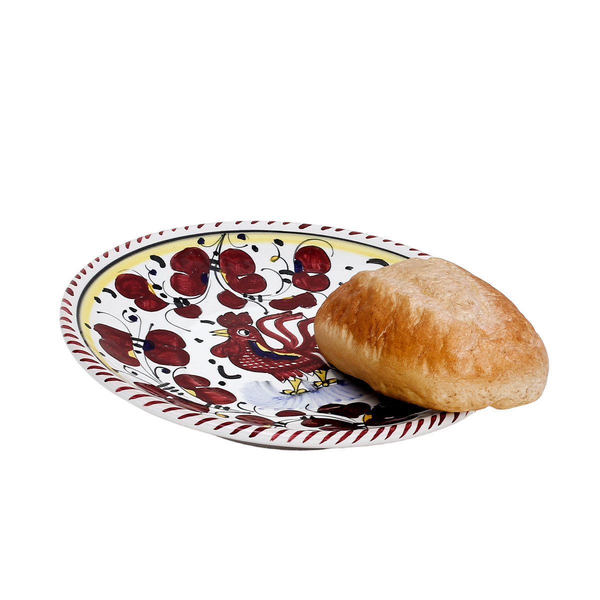 ORVIETO RED ROOSTER: Canape Plate - 7" Diam. Saucer [STRIPED RIM] - tops-selection.shop