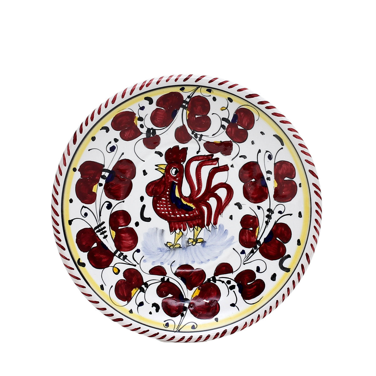 ORVIETO RED ROOSTER: Canape Plate - 7" Diam. Saucer [STRIPED RIM] - tops-selection.shop