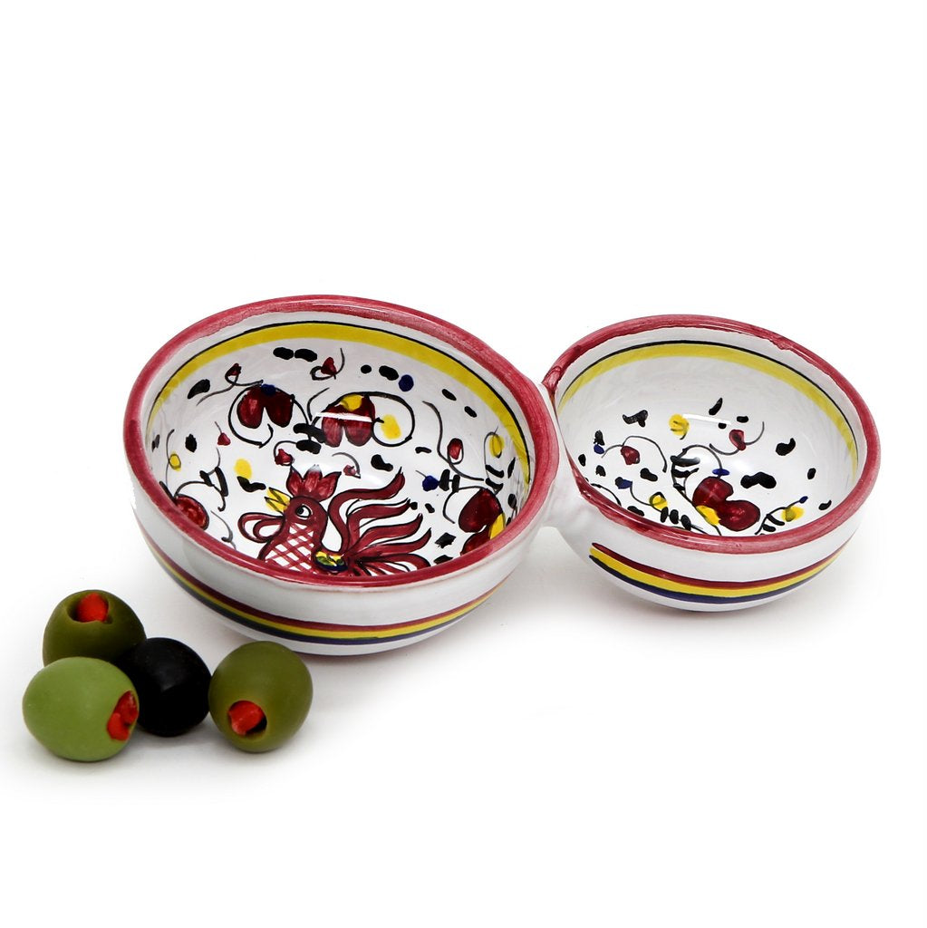 ORVIETO RED ROOSTER: Olive Dish Bowl - Relish and Condiments divided bowl [R] - tops-selection.shop