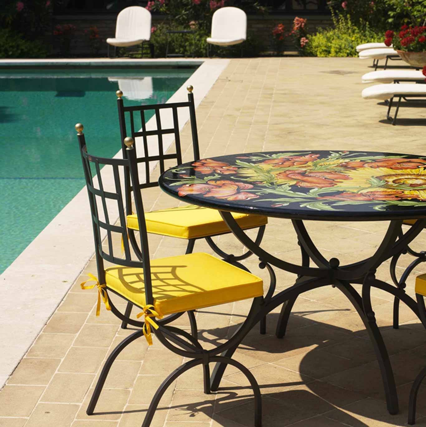 CERAMIC STONE TABLE + IRON BASE: ROVIGNO Design^ - Hand Painted in Deruta, Italy. - tops-selection.shop