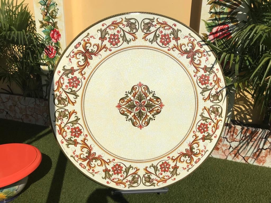 CERAMIC STONE TABLE + IRON BASE: SARA Design^ - Hand Painted - tops-selection.shop