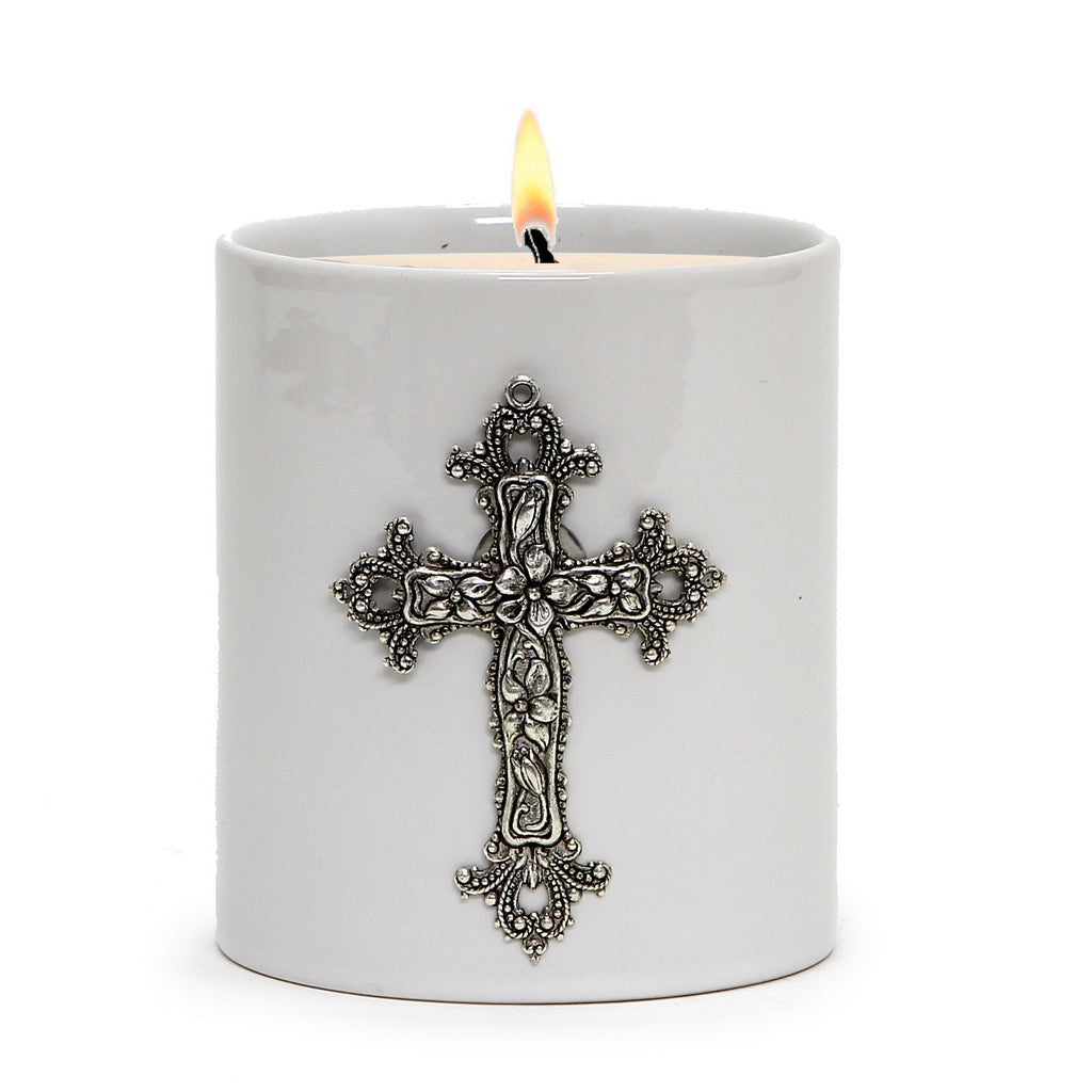 MONDIAL CANDLES: BIANCA Collection - Porcelain Container Candle with Antique Silver Crucifix - tops-selection.shop