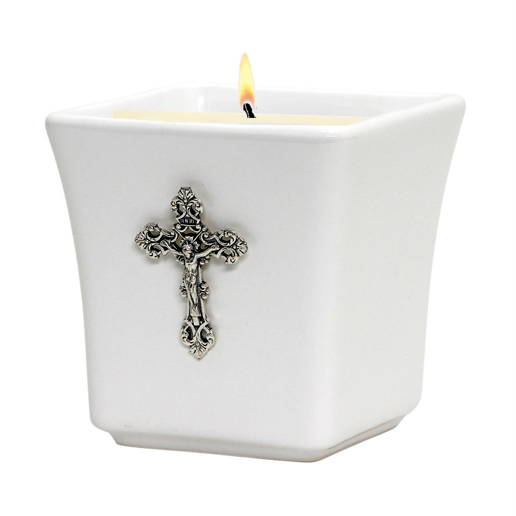 MONDIAL CANDLES: BIANCA Collection - Ceramic Square Container Candle with Antique Silver Crucifix - tops-selection.shop