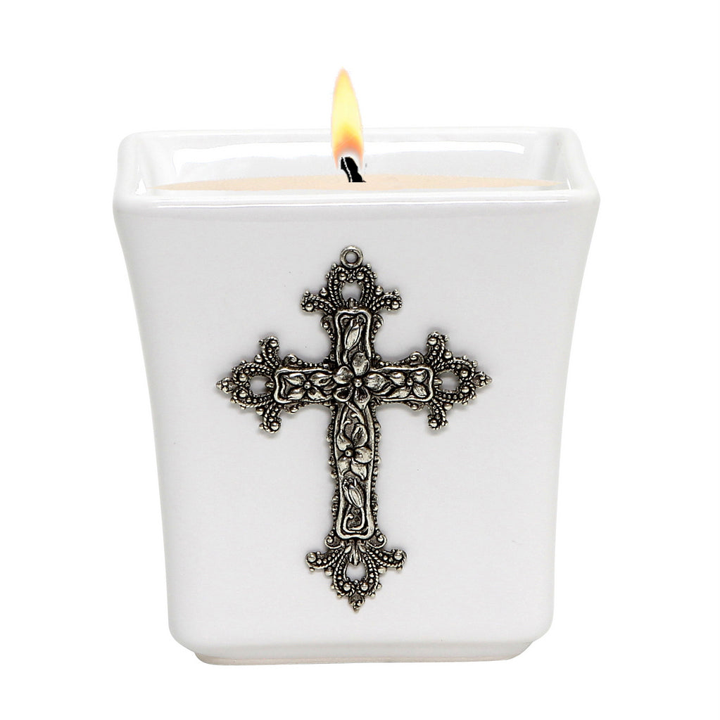 MONDIAL CANDLES: BIANCA Collection - Ceramic Square Container Candle with ANTIQUE SILVER Floral Cross Ornament - tops-selection.shop