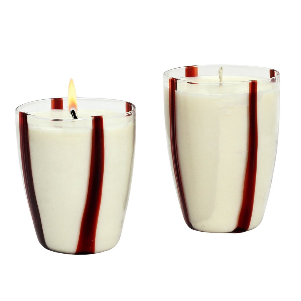 CRYSTAL CANDLES: Striped Red Glass Candles Set - Mouth Blown in Italy - tops-selection.shop