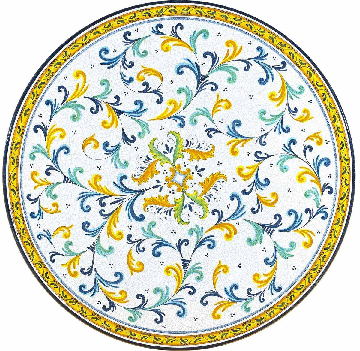 CERAMIC STONE TABLE + IRON BASE: SAN GIMIGNANO Design - Hand Painted in Deruta, Italy. - tops-selection.shop