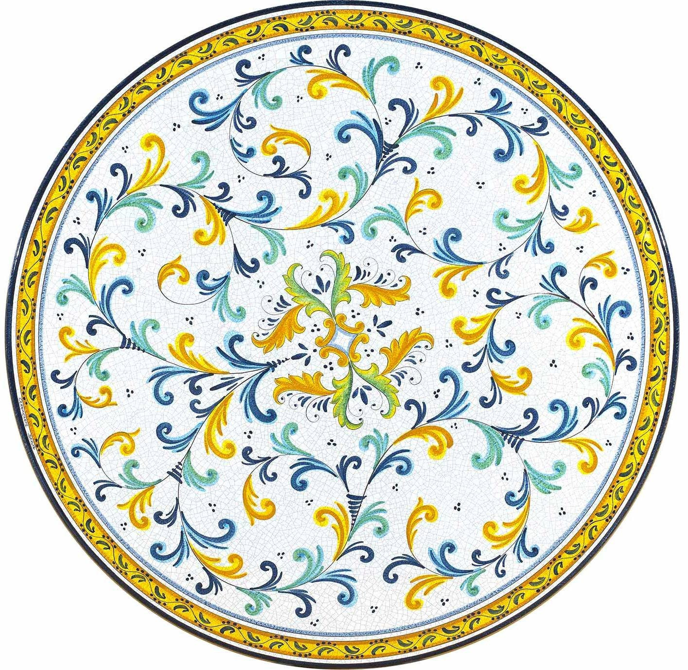 CERAMIC STONE TABLE + IRON BASE: SAN GIMIGNANO Design - Hand Painted in Deruta, Italy. - tops-selection.shop