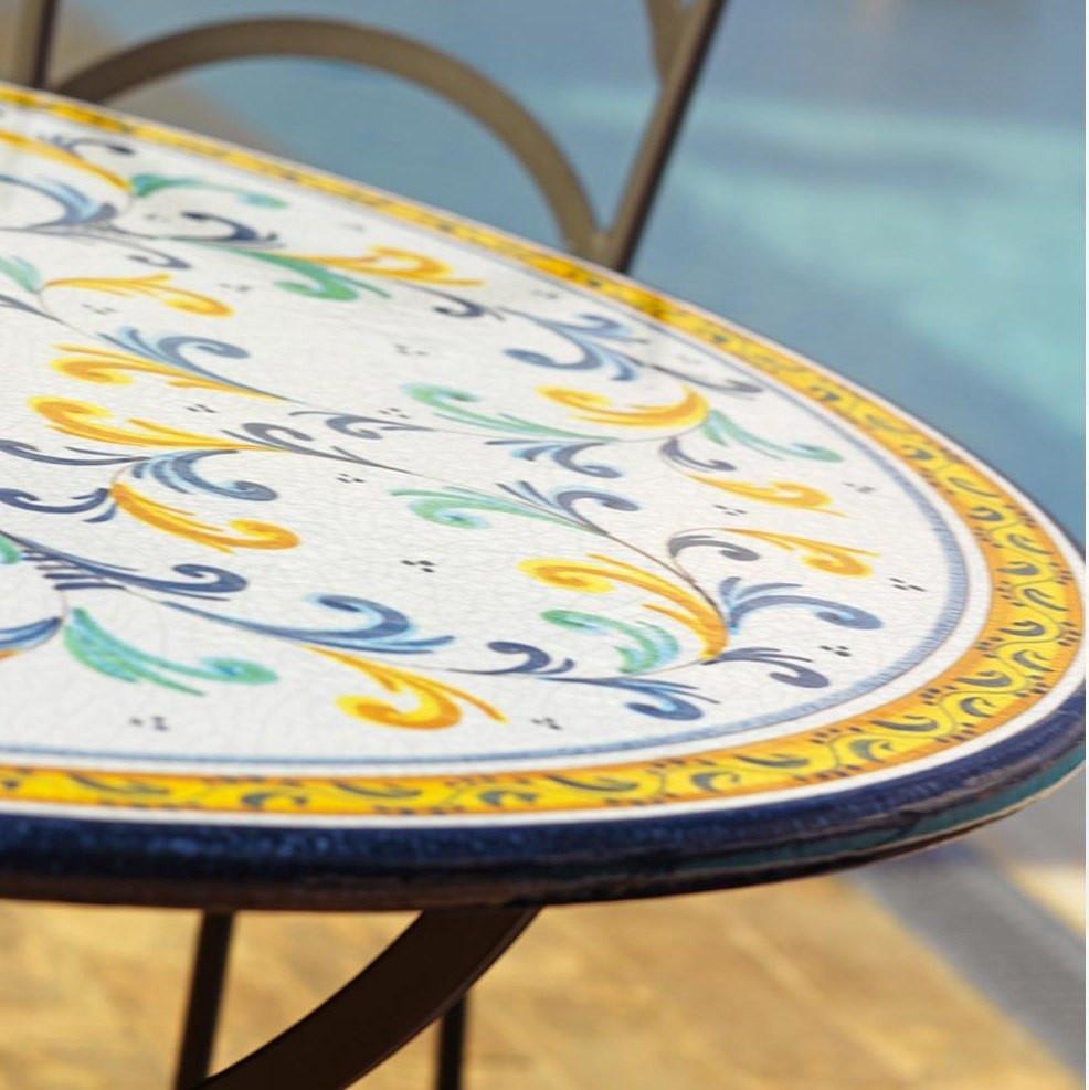 CERAMIC STONE TABLE + IRON BASE: SAN GIMIGNANO Design - Hand Painted in Deruta, Italy. - tops-selection.shop