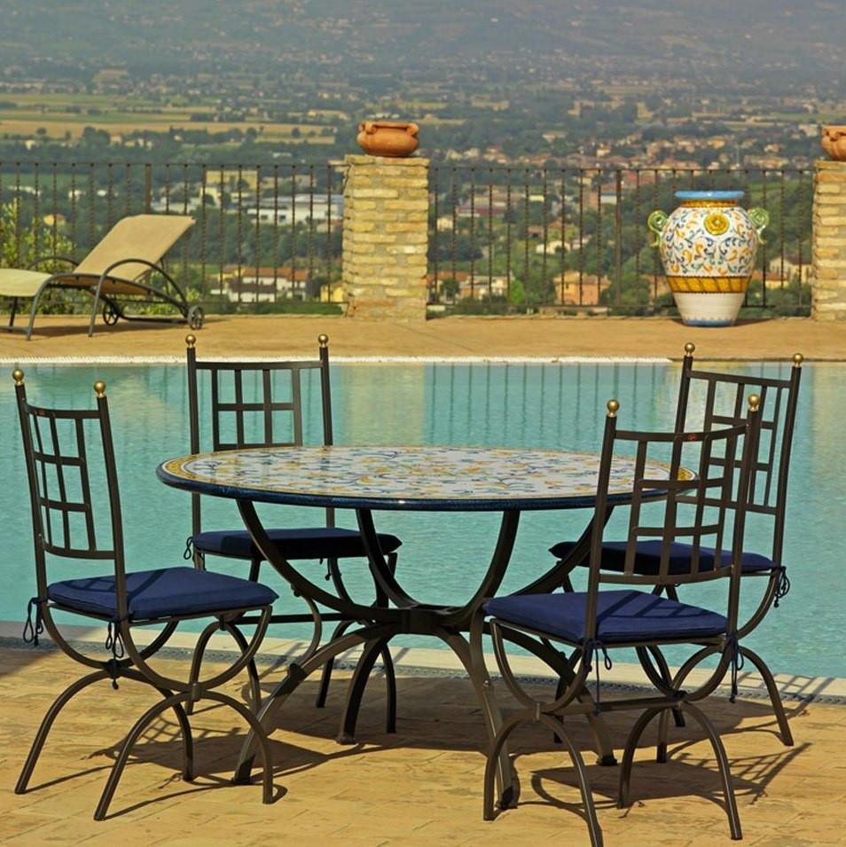 CERAMIC STONE TABLE + IRON BASE: SAN GIMIGNANO Design - Hand Painted in Deruta, Italy. - tops-selection.shop