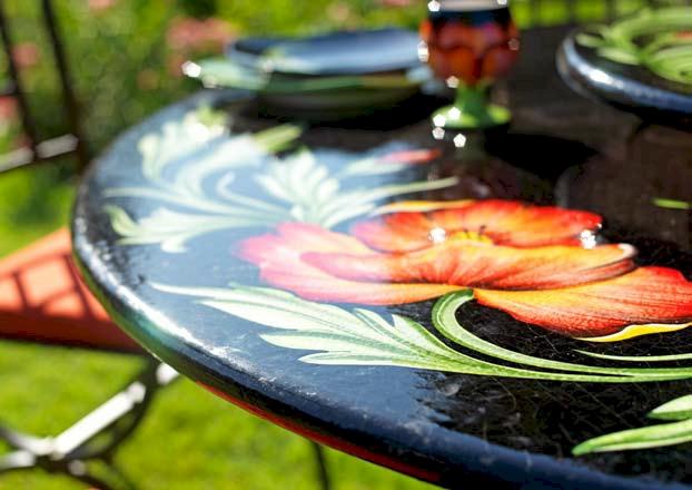 CERAMIC STONE TABLE + IRON BASE: SPALATO Design^ - Hand Painted in Deruta, Italy. - tops-selection.shop