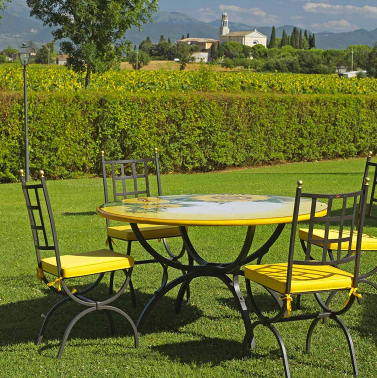 CERAMIC STONE TABLE + IRON BASE: SPELLO Design - Hand Painted in Deruta, Italy. - tops-selection.shop