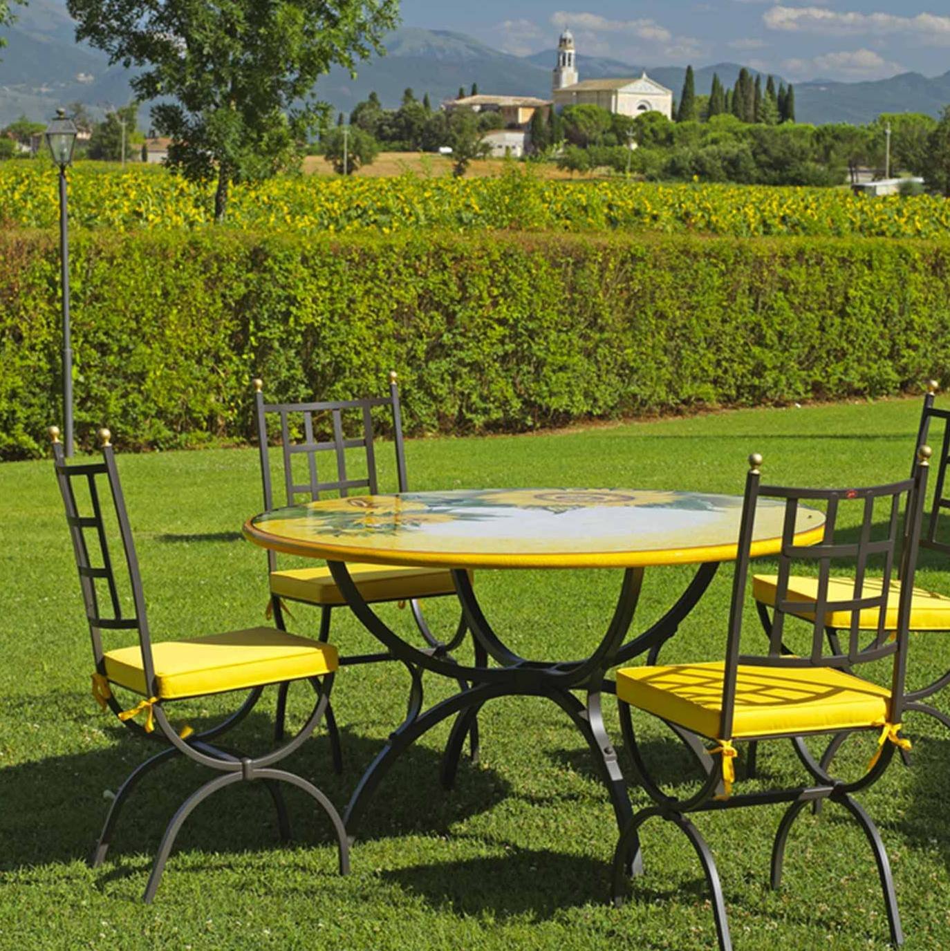 CERAMIC STONE TABLE + IRON BASE: SPELLO Design - Hand Painted in Deruta, Italy. - tops-selection.shop