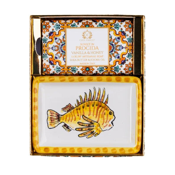 CASA AMALFI SOAPS: Scented Soap Bar with ceramic soap dish - Sunset in Procida Set - tops-selection.shop