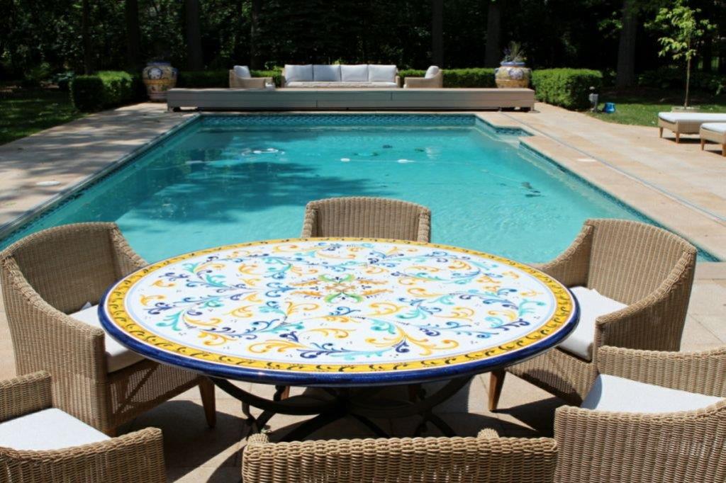 CERAMIC STONE TABLE + IRON BASE: SAN GIMIGNANO Design - Hand Painted in Deruta, Italy. - tops-selection.shop