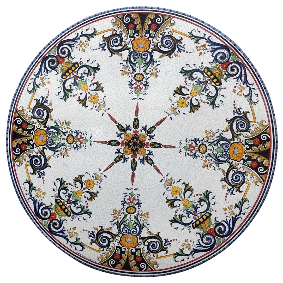 CERAMIC STONE TABLE + IRON BASE: VERONA Design^ - Hand Painted in Deruta, Italy. - tops-selection.shop