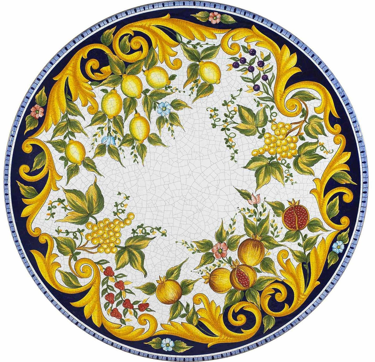 CERAMIC STONE TABLE + IRON BASE: VIETRI Design with Blue Rim^ - Hand Painted in Deruta, Italy. - tops-selection.shop