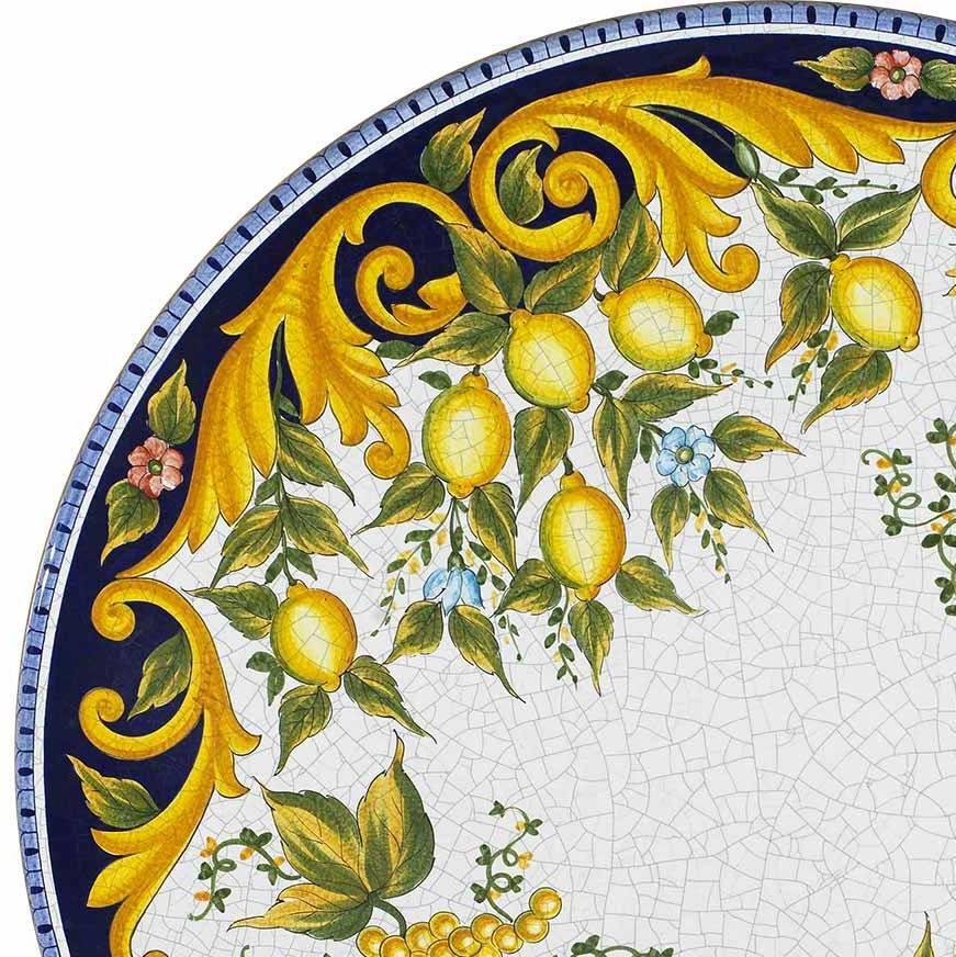 CERAMIC STONE TABLE + IRON BASE: VIETRI Design with Blue Rim^ - Hand Painted in Deruta, Italy. - tops-selection.shop