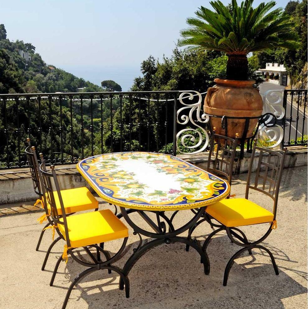 CERAMIC STONE TABLE + IRON BASE: VIETRI Design with Blue Rim^ - Hand Painted in Deruta, Italy. - tops-selection.shop